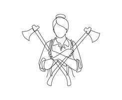 Single one line drawing woman lumberjack holding two axes crossed. Crossed axes, crossed firefighter axe, firewoman axe, Hatchet for carpentry tools. Continuous line draw design vector illustration