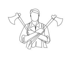 Single continuous line drawing lumberjack holding two axes crossed. Crossed axes, crossed firefighter axe, fireman axe, Hatchet for carpentry tools. One line draw graphic design vector illustration