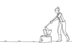 Single one line drawing woodwoman or lumberwoman in checkered shirt, sling pants chopping wood with ax on tree stump. Woman with ax in her hands cuts tree. Continuous line draw design graphic vector