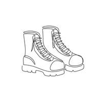 Single one line drawing tourist hiking boots icon. Trekking shoes vector. Outdoor activity men footwear. Outdoor leather boots symbol. Adventure shoes. Continuous line draw design graphic illustration vector