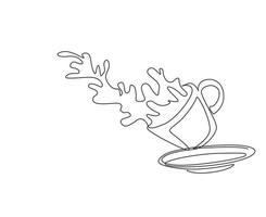 Single continuous line drawing coffee splashing out of cup. Cup of tea with tea and splashes. Splash of tea in the falling cup. Splash coffee in white cup. Dynamic one line draw graphic design vector