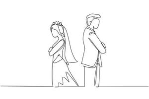 Single continuous line drawing divorced married couple are angry. Relationship break up, broken heart, couple facing opposite direction with wedding dress. One line draw design vector illustration