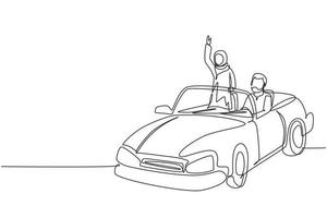 Single continuous line drawing happy Arabian couple riding car going on road trip. Romantic man and woman driving in cabriolet car. Couple summer vacation travel. One line draw graphic design vector