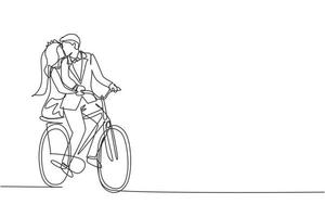 Single one line drawing loving married couple cycling. Romantic human relations, love story, newlywed family in honeymoon traveling adventure, passion, emotions. Continuous line draw design graphic vector