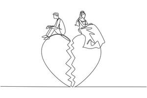 Continuous one line drawing relationship break up, broken heart, couple facing opposite direction. Married couple sitting on big broken heart shape. Single line draw design vector graphic illustration