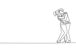 Single one line drawing loving couple kissing and hugging. Young romantic couple lovers kissing. Happy man and woman prepare for wedding party. Continuous line draw design graphic vector illustration