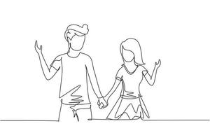 Continuous one line drawing cute young couple in love hand in hand. Romantic couple in love spending time together outdoors. Happy family concept. Single line draw design vector graphic illustration