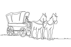 Single one line drawing vintage western stagecoach with horses. Wild west covered wagons and cowboy in desert landscape. Western with old wagon. Continuous line draw design graphic vector illustration