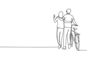 Single continuous line drawing back view of young couple with bicycle walking in park on sunny autumn day. Man and woman in love. Happy romantic married couple. One line draw graphic design vector