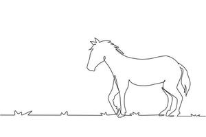 Continuous one line drawing proud white horse walks gracefully with strong character. Wild mustang gallops in free nature. Animal mascot for ranch. Single line draw design vector graphic illustration