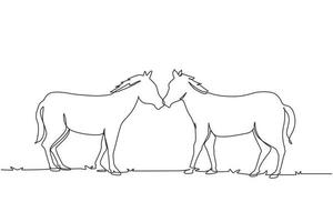 Single continuous line drawing two horses walks gracefully face to face. Wild mustang gallops in free nature. Animal mascot for horse ranch. Dynamic one line draw graphic design vector illustration