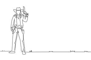 dibujo de una sola línea continua vaquero inteligente con sombrero sosteniendo su arma. concepto de pistola de sujeción estilo pistolero americano. armas para la autodefensa. Ilustración de vector de diseño gráfico de dibujo de una línea dinámica