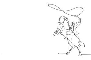 Single one line drawing cowboy with lasso on rearing horse. Cowboy with rope lasso on horse. American cowboy riding horse and throwing lasso. Continuous line draw design graphic vector illustration