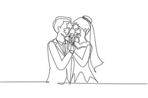 Single one line drawing cute married couple hugging and kissing behind bouquet of flowers. Happy man and woman celebrating wedding anniversary. Continuous line draw design graphic vector illustration