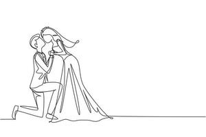 Single continuous line drawing romantic male kneel and kissing female in wedding celebration party. Happy married couple lovers kissing, holding hands with wedding dress. One line draw graphic design vector
