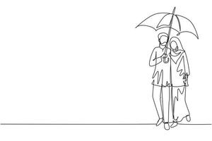 Single continuous line drawing Arabian couple man woman, girl and boy walking holding umbrella under rain smiling hugging. Romantic couple at rainy autumn weather. One line draw graphic design vector