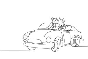 Single continuous line drawing romantic married couple riding car going on road trip. Man and woman driving in cabriolet car with wedding dress for honeymoon trip. One line draw graphic design vector