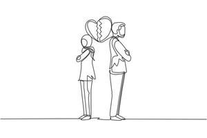 Single continuous line drawing divorced Arabian couple or couples are angry. Relationship break up, broken heart, couple facing opposite direction. One line draw graphic design vector illustration