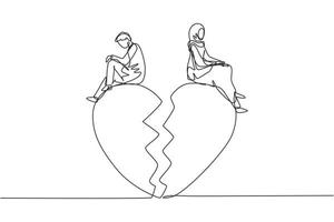 Continuous one line drawing relationship break up, broken heart, couple facing opposite direction. Arabian couple sitting on big broken heart shape. Single line draw design vector graphic illustration