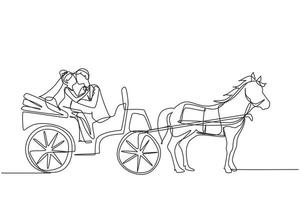 Continuous one line drawing cute wedding couple trying kiss each other. Just married. Happiness bride and groom sitting in carriage pulled by horse. Single line draw design vector graphic illustration