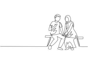 Single one line drawing romantic Arabian couple talking while sitting on bench. Couple getting ready for wedding. Engagement and love relation. Continuous line draw design graphic vector illustration