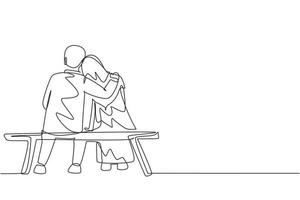 Continuous one line drawing back view romantic Arab couple chatting and hugging while sitting on bench. Couple getting ready for wedding. Engagement and love relation. Single line draw vector graphic