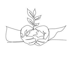 Single continuous line drawing hands holding plant in soil on white background. Environment earth day in the hands of trees growing seedlings. Dynamic one line draw graphic design vector illustration