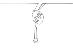 Single continuous line drawing hand holding microphone with lead wrapped around wrist. Man holding microphone in his hand at karaoke singer sings song. One line draw graphic design vector illustration