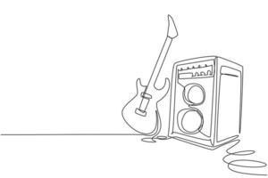 Single continuous line drawing electric guitar with amplifier. Rock music illuminated stage background with microphone electric guitar and speakers. One line draw graphic design vector illustration