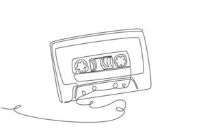 Single continuous line drawing retro compact tape cassette. Vintage music icon audio cassette tape element in doodle style isolated on a white. Dynamic one line draw graphic design vector illustration