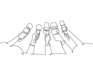 Single one line drawing interview concept with microphones on white background. Newsmakers and interviewers. Different tv signs. Hands holding devices. Continuous line draw design graphic vector