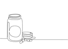 Single continuous line drawing pill bottle. Medical capsules container. Tablet pills medical drug pharmacy care and tablet pills antibiotic pharmaceutical. Dynamic one line draw graphic design vector