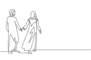 Single one line drawing romantic Arabian couple in love hand in hand. Young couple in love spending time together at park. Happy family concept. Continuous line draw design graphic vector illustration