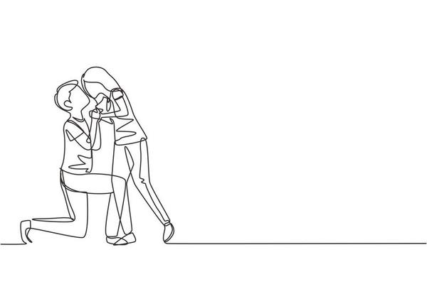 Continuous one line drawing romantic married female in love kissing on lap  male wearing wedding dress. Man carrying a woman in wedding celebration.  Single line draw design vector graphic illustration 8721494 Vector