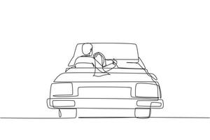 Single continuous line drawing back view loving couple sitting and hugging in convertible car. Man woman getting ready for wedding. Engagement and love relations. Dynamic one line draw graphic design vector