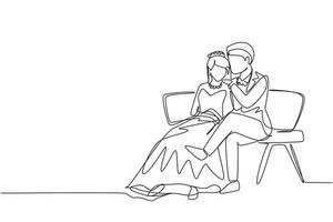 Single one line drawing romantic married couple on bench in park. Happy man hugging and embracing woman with wedding dress. Couple celebrate wedding party. Continuous line draw design graphic vector