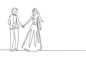 dibujo de una sola línea pareja casada romántica enamorada de la mano. hombre vestido con traje y mujer con vestido de novia enamorados pasando tiempo juntos en el parque. vector gráfico de diseño de dibujo de línea continua