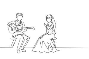 Continuous one line drawing married couple with wedding dress sitting on chair. Man playing music on guitar, girl listen and singing together at wedding party. Single line draw design vector graphic