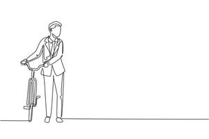 Single one line drawing cheerful young boy wearing suit with bicycles. Happy guy take walk with bicycle at city road. Healthy lifestyle concept. Continuous line draw design graphic vector illustration