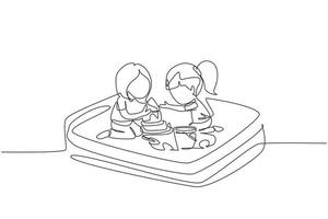 Single one line drawing two little girl playing and making sandcastle in sandbox. Outdoor game in kindergarten. Place for children's games. Continuous line draw design graphic vector illustration