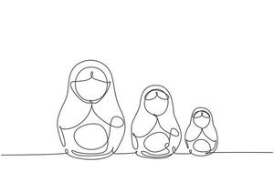 Continuous one line drawing matryoshka russian nesting dolls of different sizes, souvenir from Russia. Traditional Russian matryoshka dolls souvenir. Single line design vector graphic illustration