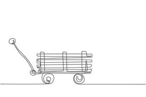 Continuous one line drawing toy mini wagon with wooden. Farm wheelbarrow. Equipment of garden cart for gardening, harvesting, planting seedlings. Single line draw design vector graphic illustration