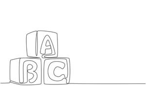 Single one line drawing alphabet cubes with letters ABC. Block building tower. ABC letters building blocks. Alphabet cubes with letters. Modern continuous line draw design graphic vector illustration