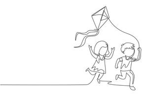 Single continuous line drawing little boy and girl flying kite. Siblings playing together. Kids  playing kite in playground. Children with kites game and they look happy. One line draw graphic design vector