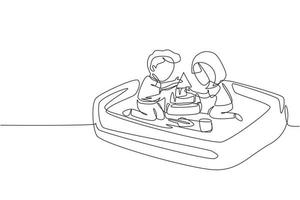 Single continuous line drawing boy and girl of preschool age are playing in sandbox. Two little kids making sandcastle in sandbox. Outdoor game park. One line draw graphic design vector illustration