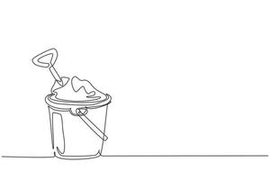 Single one line drawing Bucket and spade. Sand in bucket with shovel. Summer plastic kid toy. Sand bucket and shovel. Children's toys on beach. Continuous line draw design graphic vector illustration