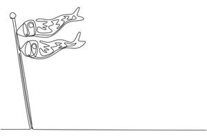 Single continuous line drawing Japanese carp streamers fluttering in the blue sky in early summer. Japanese traditional culture, annual event. Dynamic one line draw graphic design vector illustration