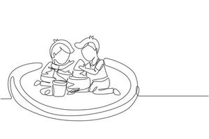 Single continuous line drawing two little boys build sandcastle together. Children sitting on sandbox and playing with sand castle. Brothers or friends having fun. One line draw graphic design vector