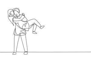 Single one line drawing romantic cute Arabic female in love kissing on lap male. Happy man carrying a beautiful woman celebrating wedding anniversary. Modern continuous line draw design graphic vector