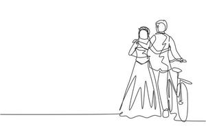 Single one line drawing back view of cute romantic married couple with bicycle walking in park on sunny autumn day. Man and woman in love with wedding dress. Continuous line draw design graphic vector